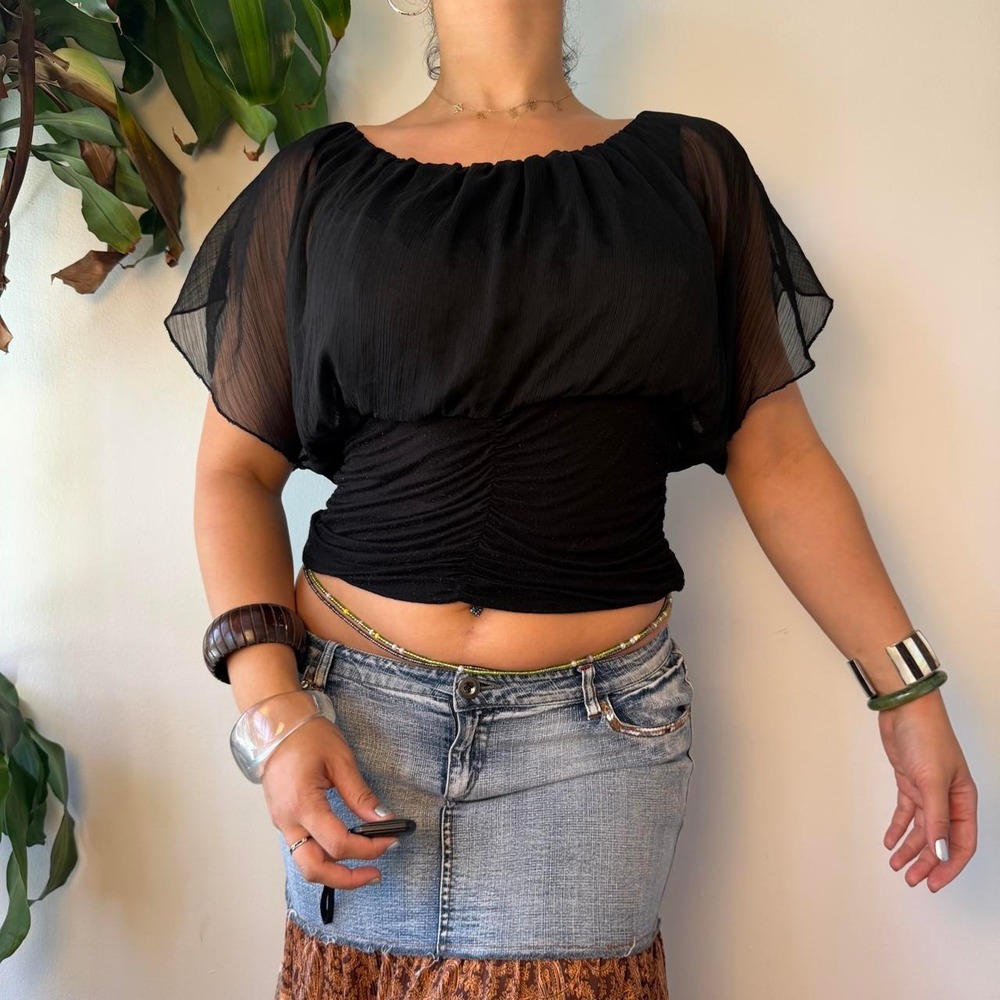 Vintage Y2K Whimsygoth Black Mesh Dolman Batwing Ruched Top Small